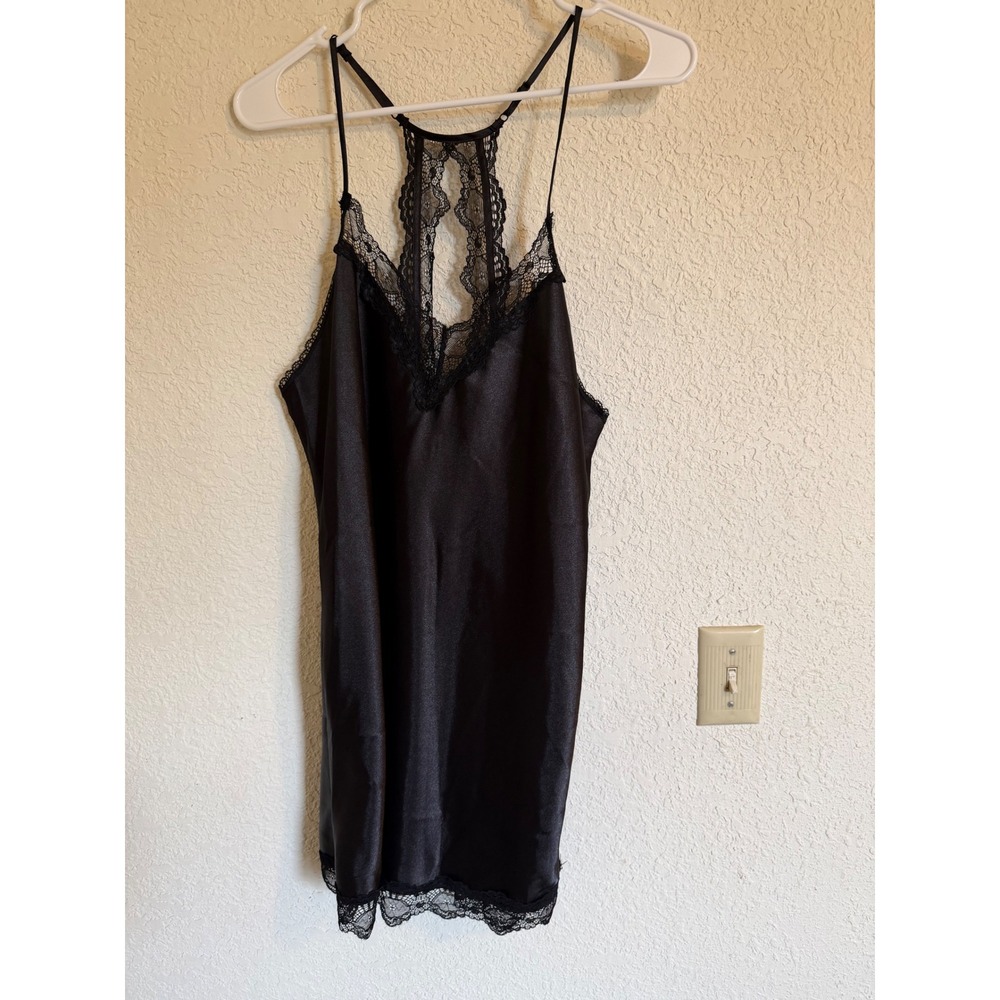 In Bloom by Jonquil Black Satin Lace Trim Racerback Chemise Nightgown Medium